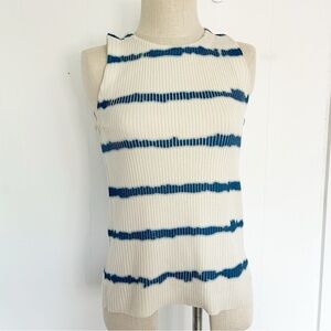 Storia Cream Blue Stripe Dye Ribbed Tank Top High Neck Nautical‎ Size Large